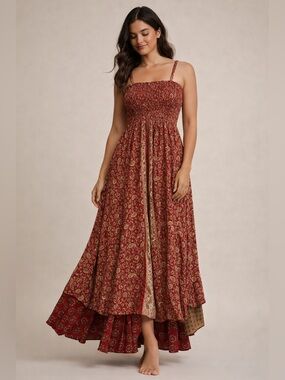Boho Red Paisley Maxi Dress Smocked Bust Adjustable Straps Flowy Tiered India